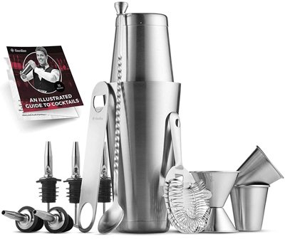 Premium Cocktail Shaker Bar Tools Set (14 piece) Brushed Stainless Steel Bartender Kit, with All Bar Accessories, Cocktail Strainer, Double Jigger, Bar Spoon, Bottle Opener, Pour Spouts