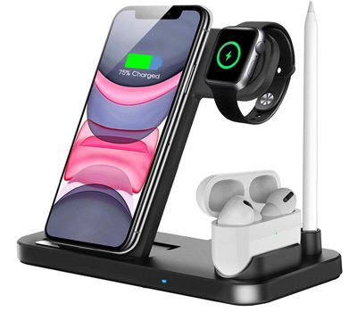 Wireless Charger, QI-EU 4 in 1 Qi-Certified Fast Charging Station Compatible Apple Watch Airpods Pro iPhone