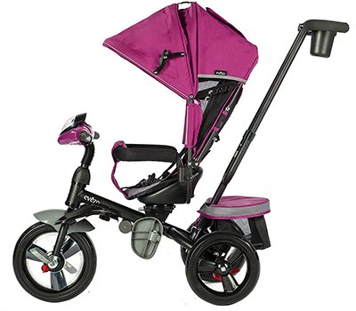 Evezo 302A 4-in-1 Parent Push Tricycle for Kids, Stroller Trike Convertible, Swivel Seat, Reclining Seat, 5-Point Safety Harness, Full Canopy, LED Headlight, Storage Bin (Burgundy Pink)