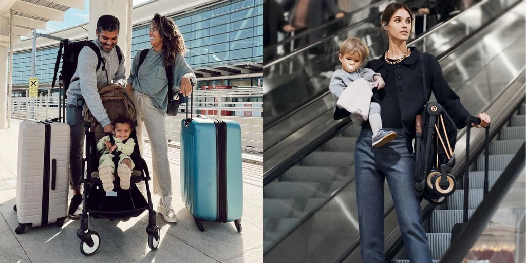 Parent gate checking a stroller inside a protective travel bag at airport terminal before boarding airplane