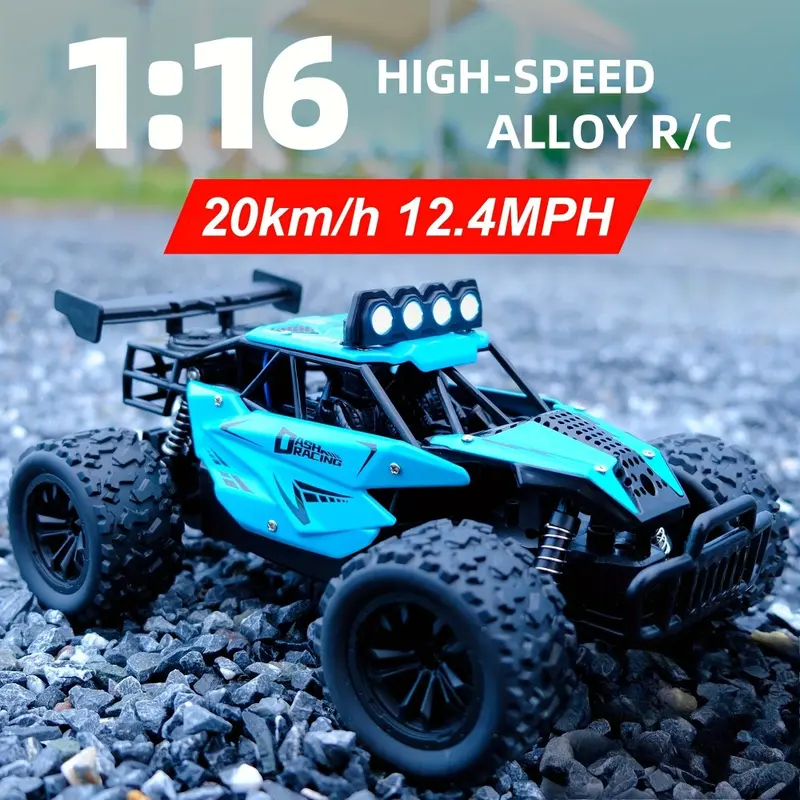 Side-by-side visual showing a 1/16 scale RC monster truck next to a smartphone and a soda can for size reference with clear 9-13 inch length label