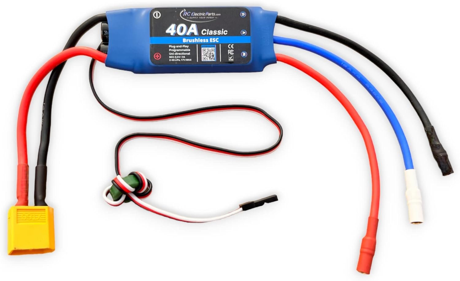 Close up of an RC receiver with an ESC three-wire signal lead plugged into the throttle channel, showing color-coded wires and clear pin labels.