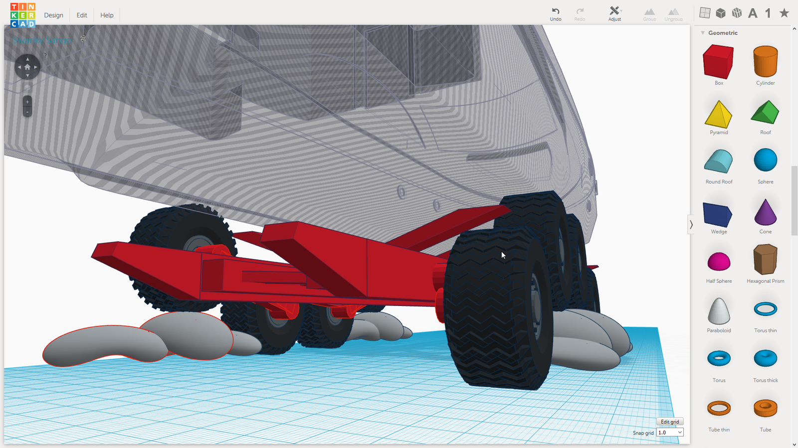 Homemade RC boat trailer built from aluminum angle, with padded bunks and scale fenders, sitting on grass next to a tow vehicle.