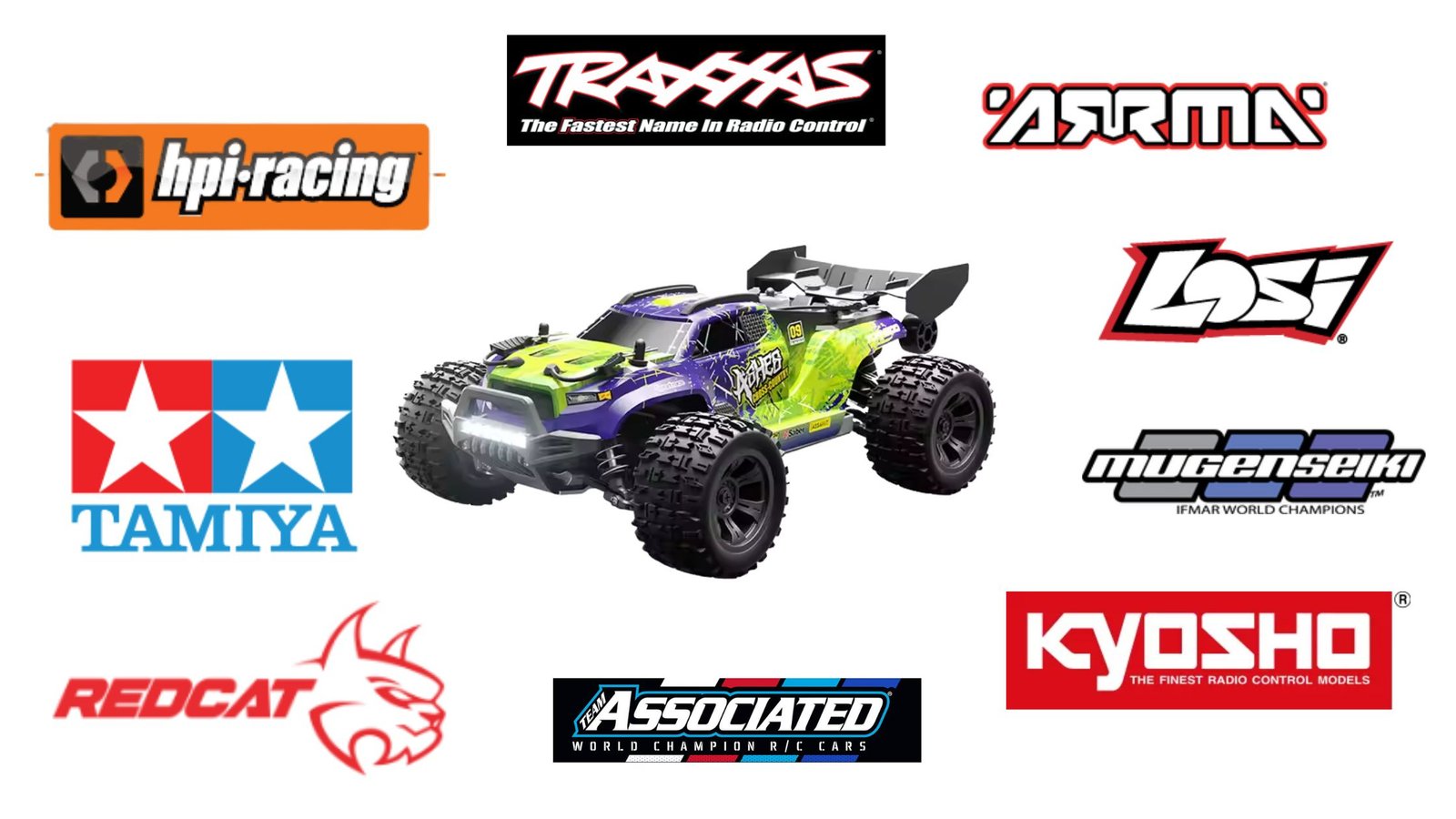 Hobby-grade RC car with brushless motor and LiPo battery speeding on a dirt track showing modular components